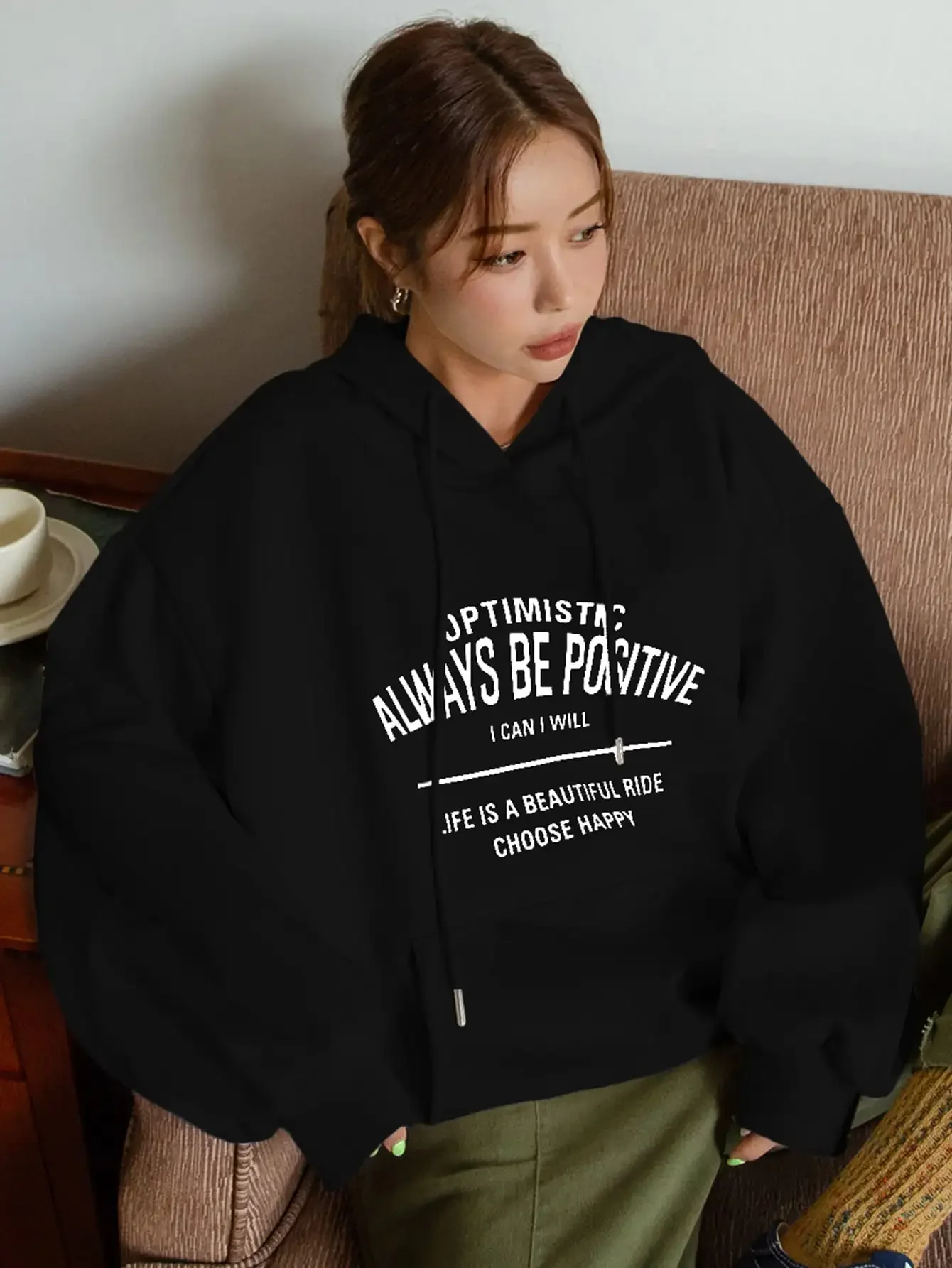 Korean Fashion Women Cotton Hoodie Optimistic Always Be Postive Letter Print Loose Warm Sweatshirt Autumn Winter Casual Clothes