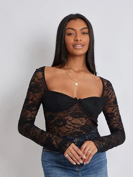 Women Crop Floral Lace Tops Long Sleeve Shirt Casual Pullovers for Club Streetwear Aesthetic Grunge Clothes 2