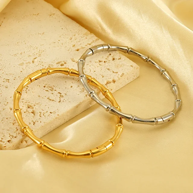 Stainless Steel Gold Color Bamboo Cuff Bracelets Bangles for Woman Wedding Female Luxury Bracelets Jewelry Gift 5
