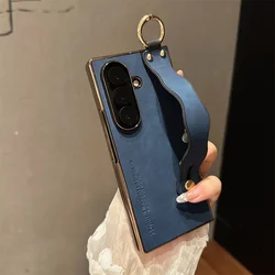 Wavy Foldable Phone Case with Wrist Strap Holder and Protective Grip Stand for Galaxy Z Fold4 (Blue)