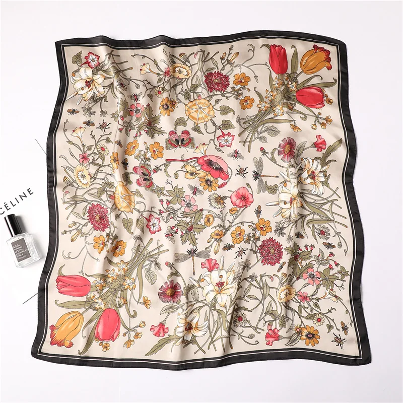 Bufanda cuadrada pequeña con patrón de flores para mujer, para el pelo Hijab, diadema de lujo para el cuello, chal de 70cm, nueva moda de verano