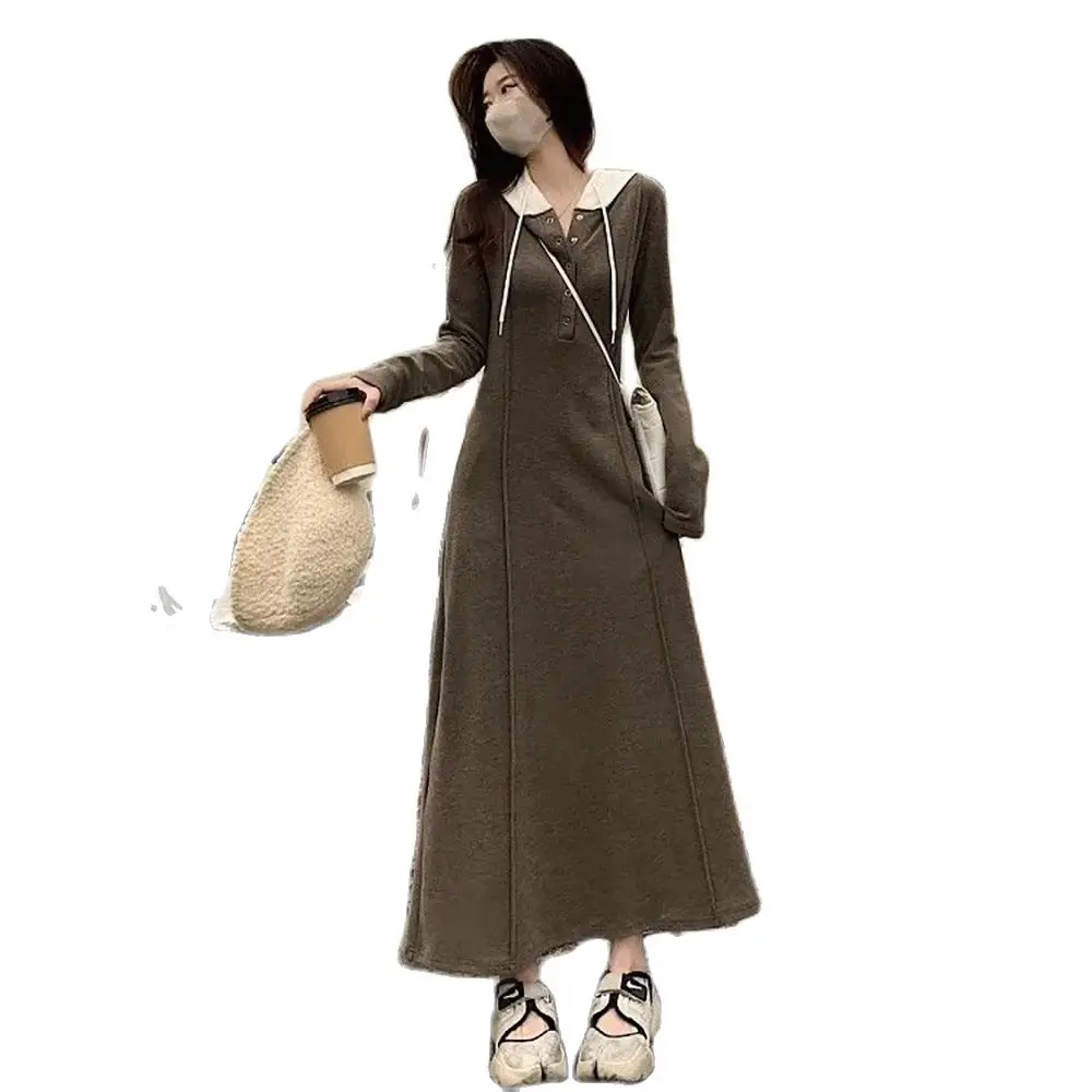 

Korean Mersion Of Long-sleeved Hooded Casual Dress Women's Age-reducing, Waist-shrinking, Slim Young Knee-length And Long Skirt