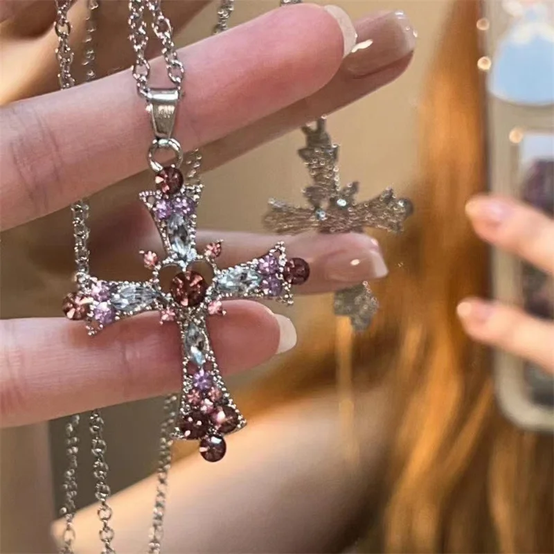 

Gothic Colorful Crystal Choker Necklace Jewelry Zircon Cross Pendant for Women