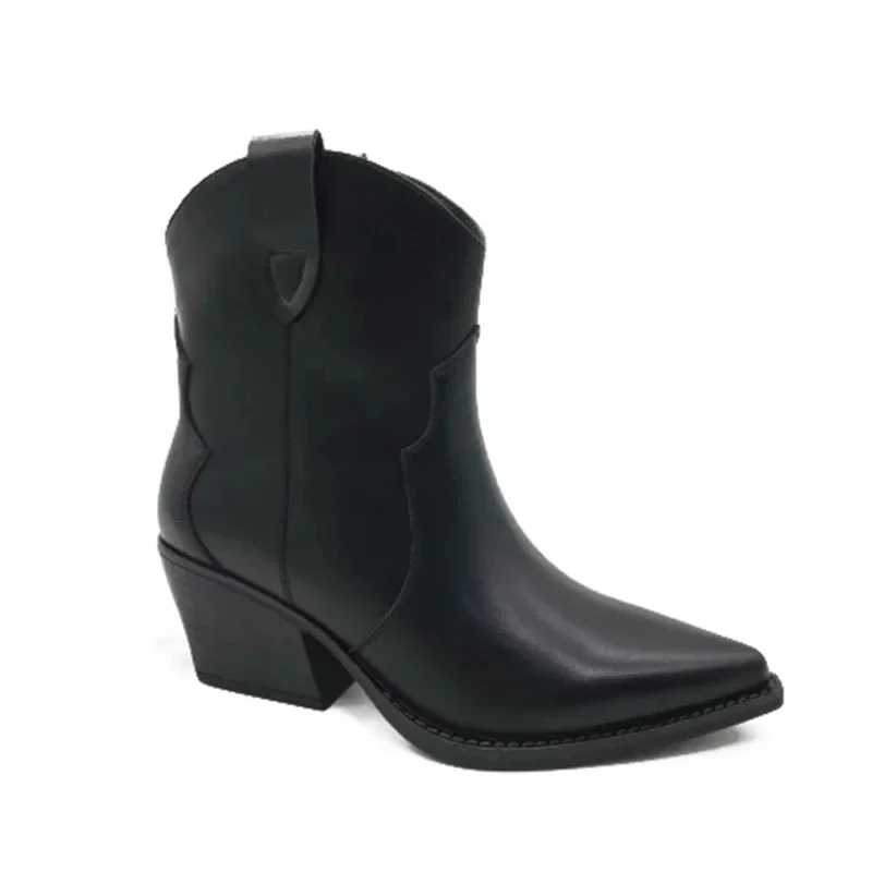 

2023 Autumn Winter Casual Western Cowboy Ankle Boots Fashion Women’s Platform Pointed Toe Designer Shoes Slip-On High Heels