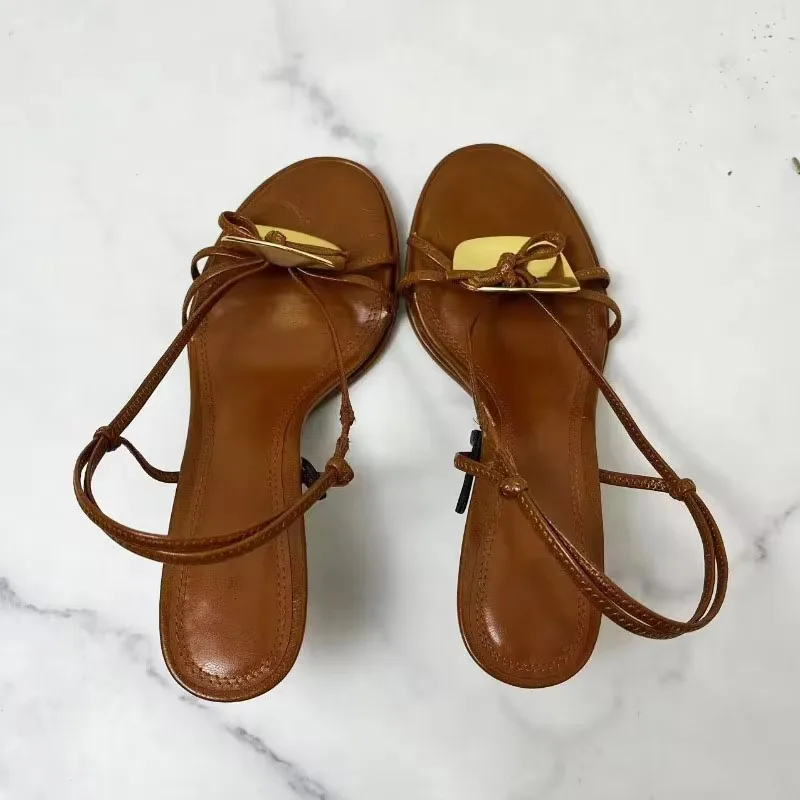 Women Slingback Sandals Women High Heels Shoes Women Dress Shoes TRAF Woman Brown Heel Sandals Chic Metal Disc Heels Sandals Round Toe Peep Toe Slingbacks Female Strap Buckle Heels Shoe