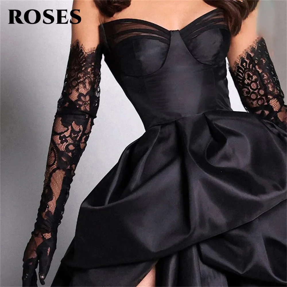 ROSES A Line Black Prom Dresses Sweetheart Stain Party Dresses Pleat Side Split robes du soir Sleeveless Wedding Darty Dresses