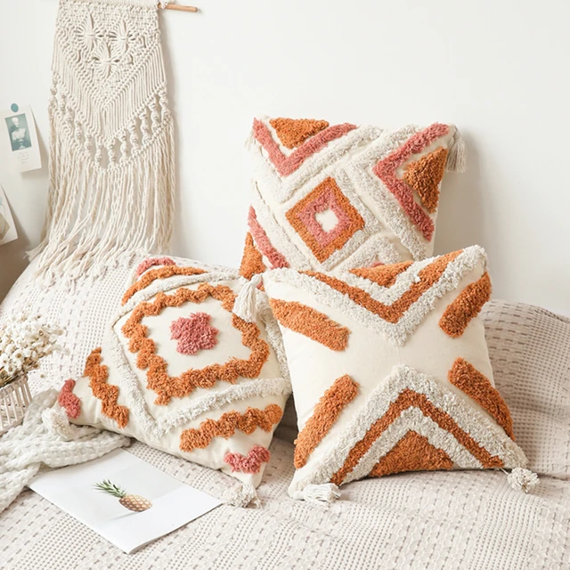 Boho Cushion Cover Tufted Orange Ivory Tassels Warm Color Decoration Pillow  Cover Living Room Bedroom Sofa