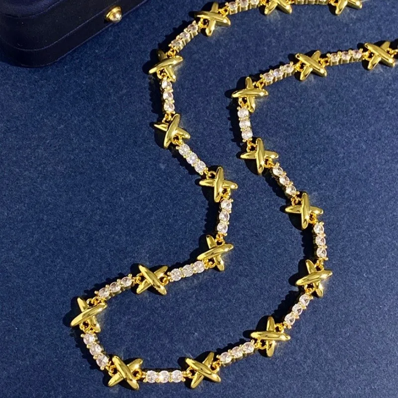 Light Luxury 18k Gold Plated Gemma Cubic Zirconia Jewelry Set for Women Elegant X Cross Choker Necklace Wedding Jewelry Gift