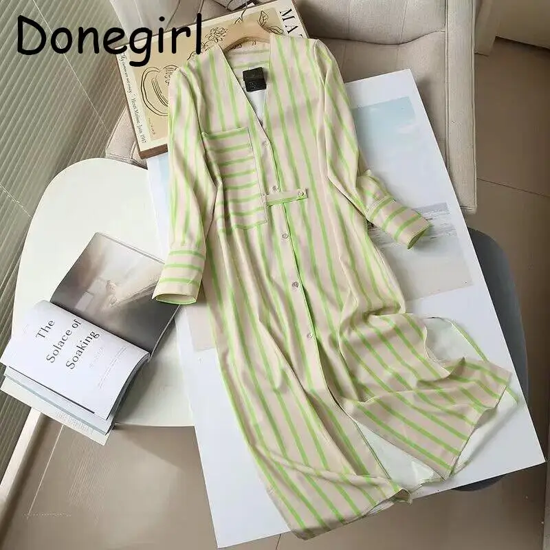 

Donegirl 2023 New Fashion Spring Women Vertical Stripe Printed Loose Slit Shirt Dresses Linen Pocket Casual Simple Female Chic