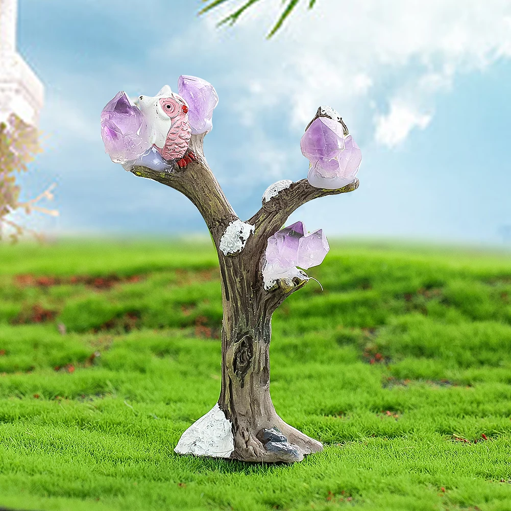 

Owl Amethyst Tree Figurine Miniatures Resin Lucky Tree of Life Crystal Stone Animal Dollhouse Micro Landscape Fairy Garden Decor