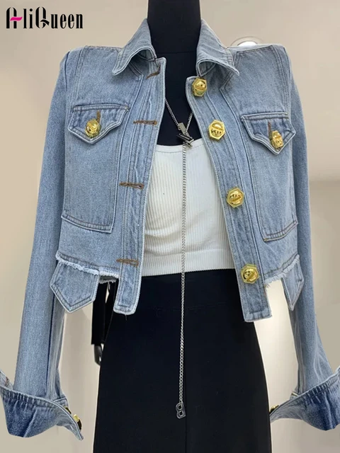 England Style Versatile Short Slim Lapel Denim Coat Women Vintage Long  Sleeve Buttons Jean Jackets Female Casual Tops Streetwear