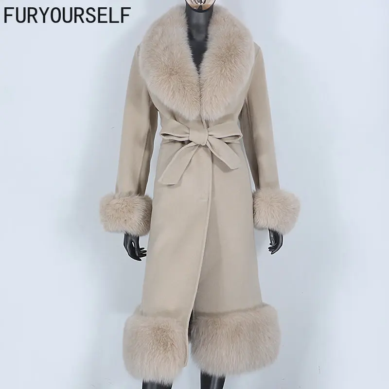 

FURYOURSELF 2023 New Real Fur Coat Winter Jacket Women Natural Fox Fur Collar Cuffs Cashmere Wool Blends X-Long Belt Outerwear