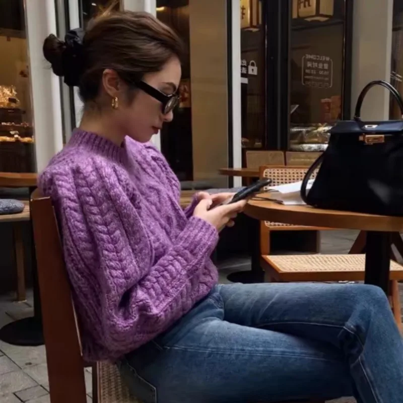 New Fashion Crew Neck Purple Long Sleeve Sweater for Women Casual Elegance Loose Office Top Autumn and Winter Knitwear