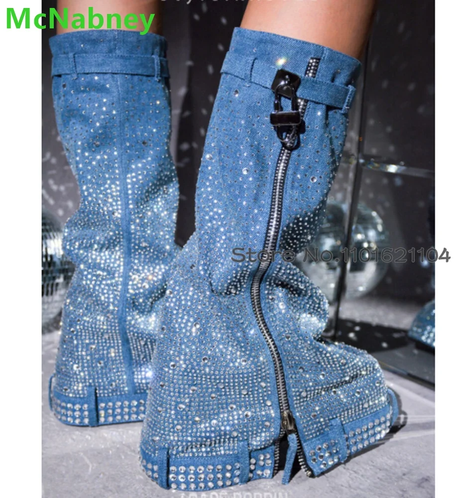 

Denim Fabric Crystal Shark Boots For Female Women 2023 New Metal Lock Luxury Design Wedges Heel Round Toe Fashion Runway Shoes