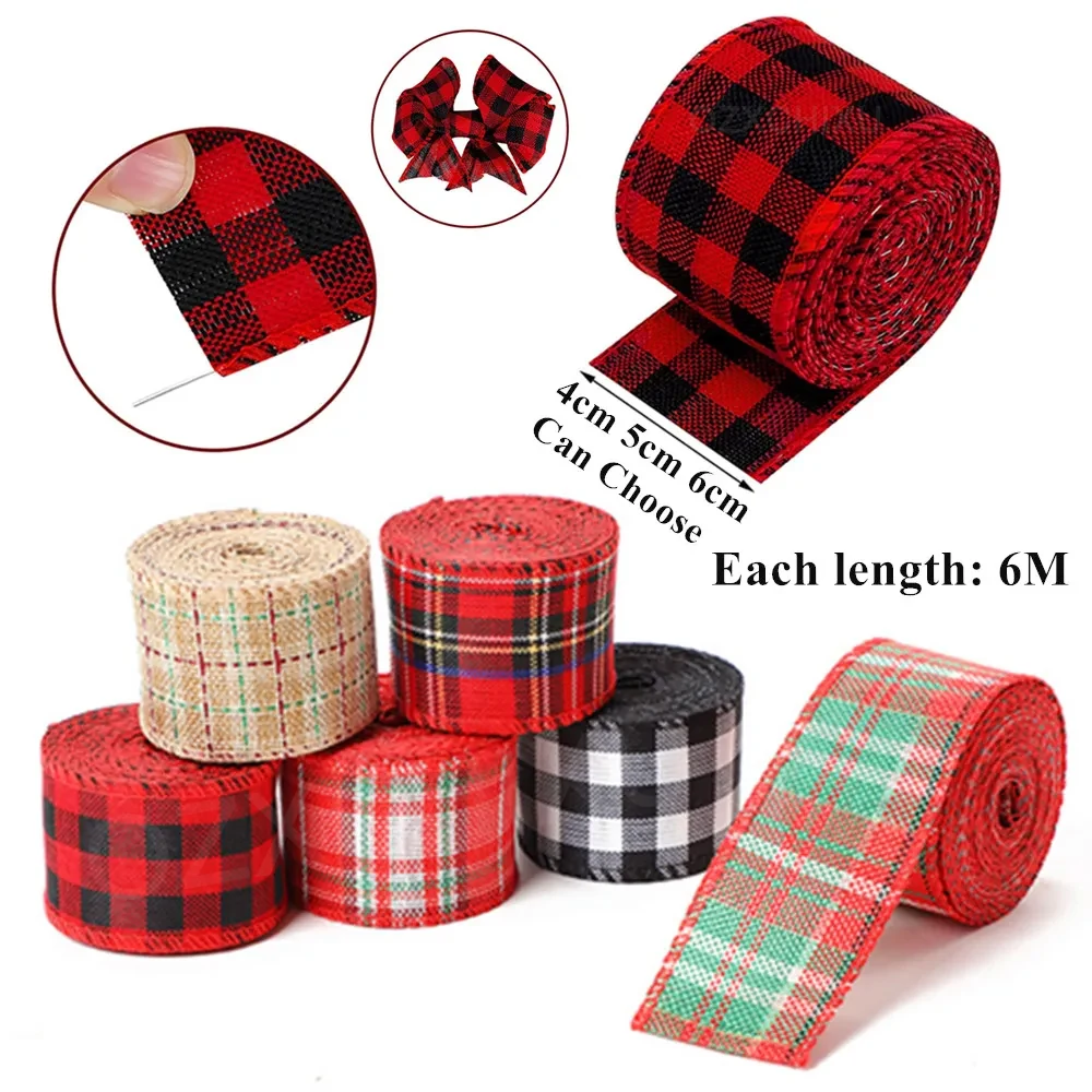 Christmas Ribbon 6M/Roll Craft Imitation Hemp Wire Edge Linen Red Green Snowflake Plaid