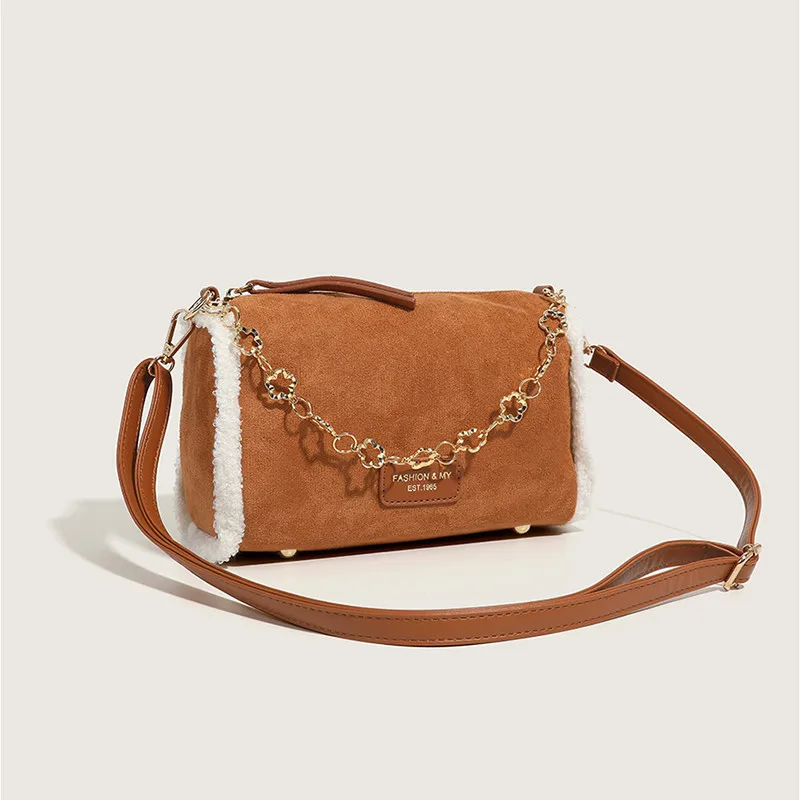 

Solid Color Suede Shoulder Bags for Women 2023 Simple Designer Handbag Ladies Fashion Flower Chain Plush Edge Pillow Bags