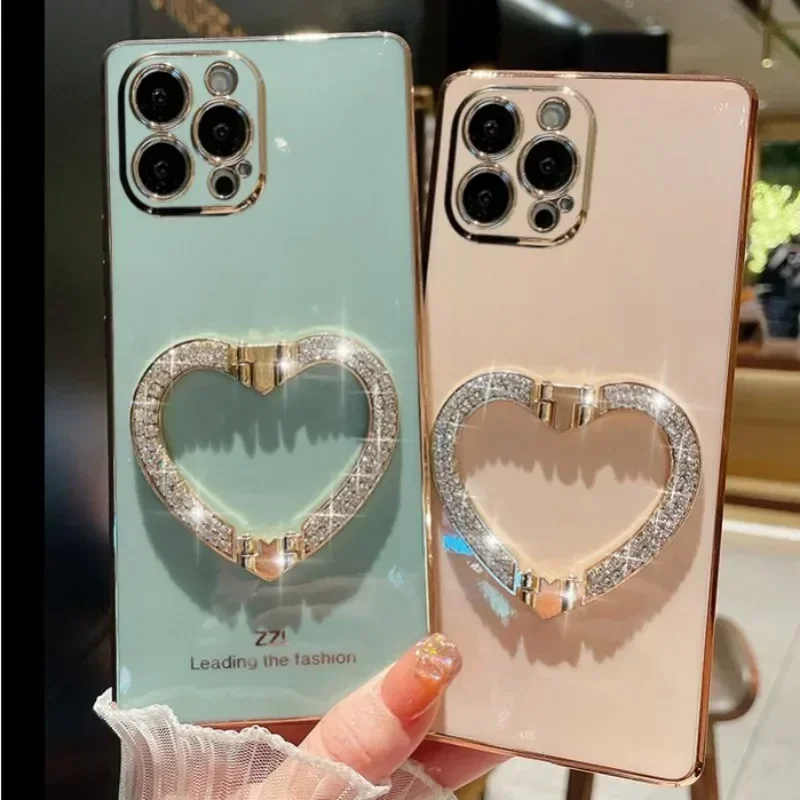 

3D Crystal Heart Holder Gold Plating Phone Case Capa For iphone 15 14Pro 13 12 11 Pro Max 13MiNi 15 Plus Protector Cover