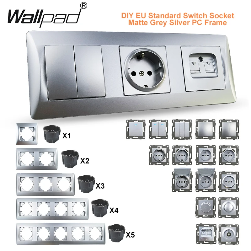 Fai Da Te Grigio Argento Opaco Cornice In Plastica Wallpad 1 2 Gang Switch Con Led Presa Eu Con 2 Usb Cap Data Cat6 Fan Dimmer Tv Outlet