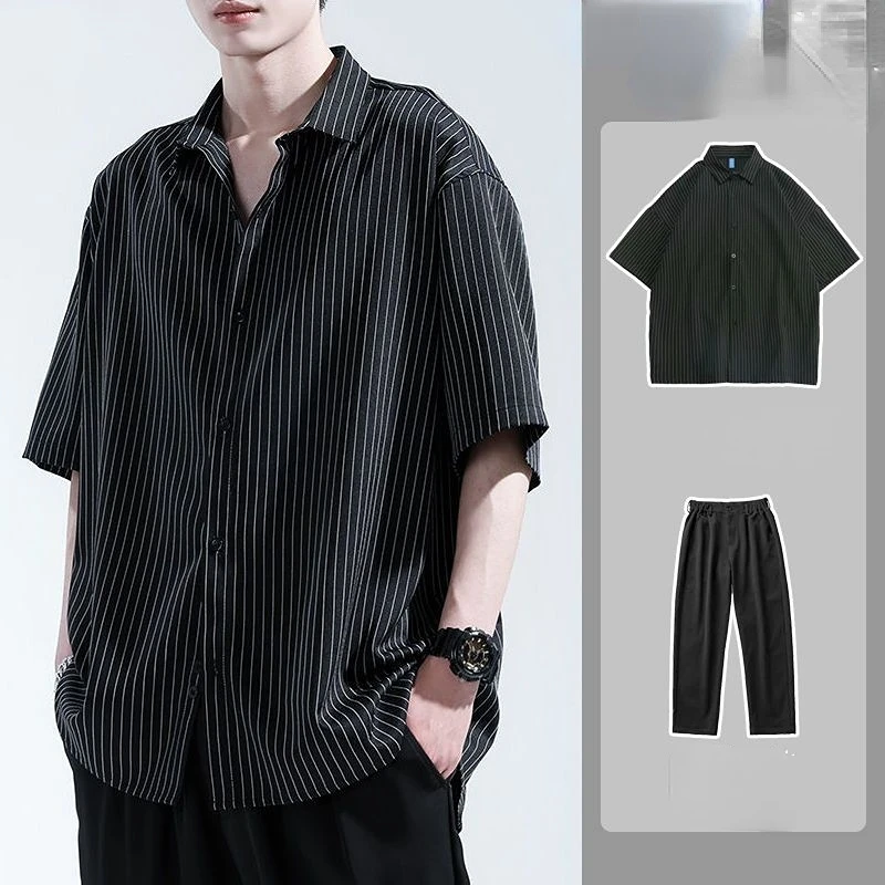 

Korean Style Men's 2 Piece Set Suit Shirts and Pants Short Sleeve Top Matching Bottoms Summer Fashion Oversized Clothing Man A80
