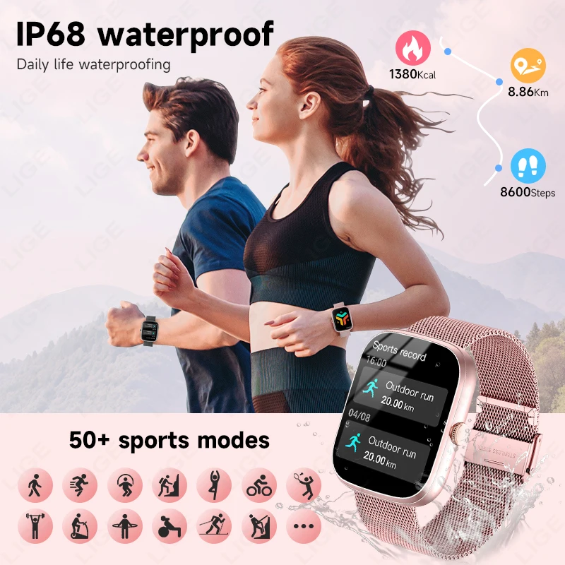 LIGE 2025 New Smart Watch 1.96" HD Display Bluetooth Voice Calling IP68 Waterproof Heart Rate Sleep Fitness Tracking Smartwatch