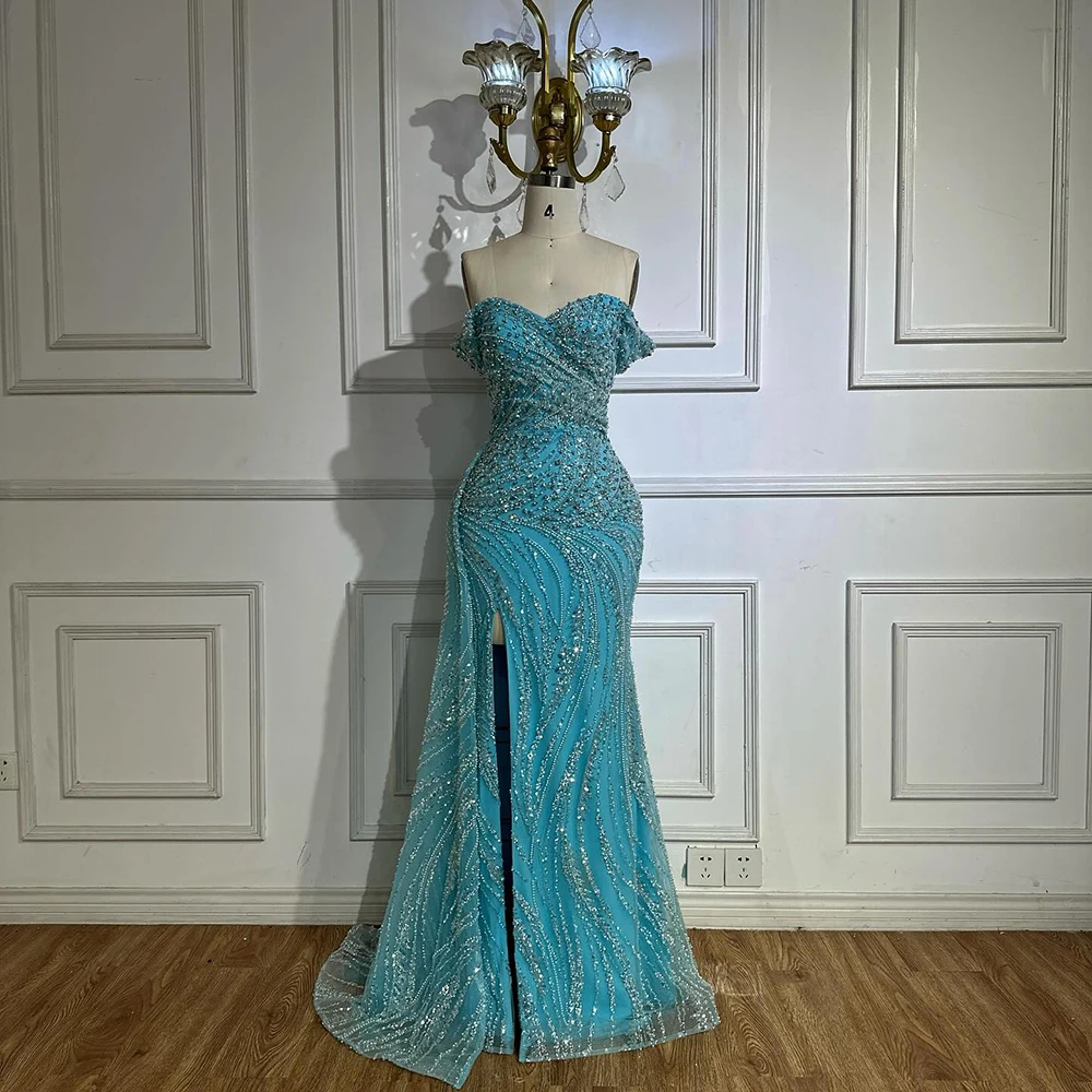 Serene Hill Arabic Silve Nude Mermaid High Split Beaded Luxury