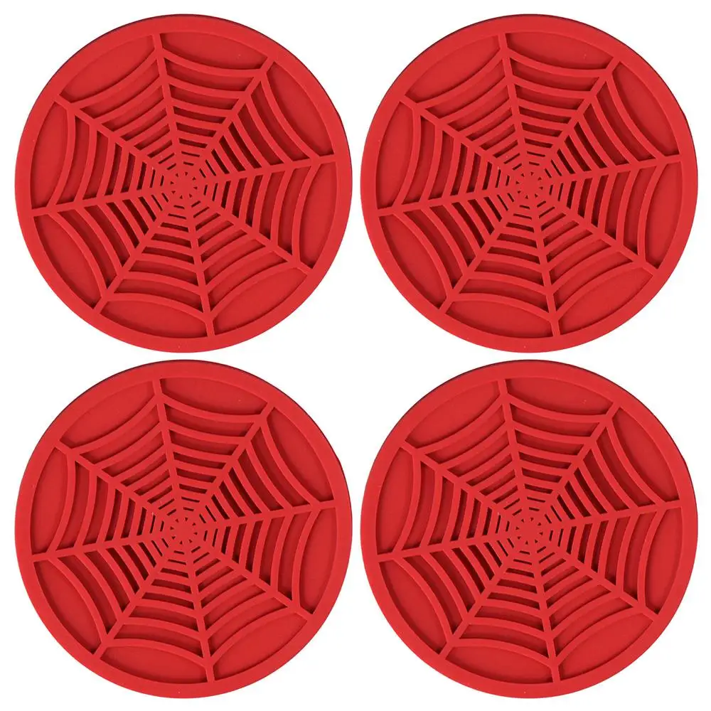 4pcs Spider Web Design Car Cup Coasters Red/ Black Round Shape Spider Web Car Coasters 7cm PVC Material Interior Accessories