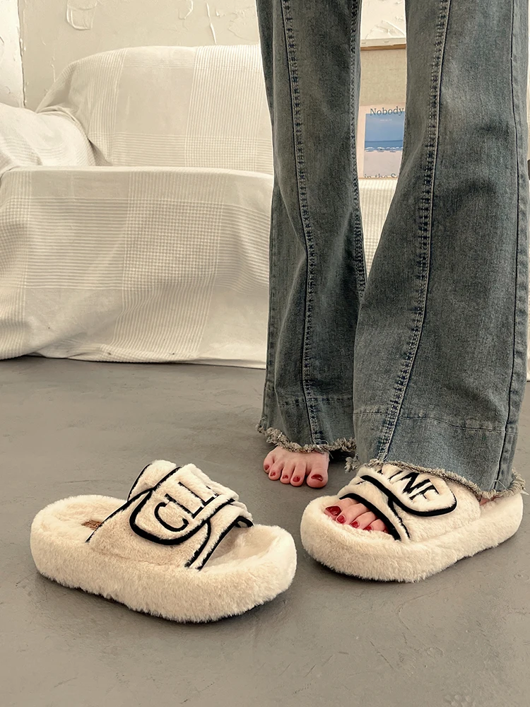 

Шлепанцы женские из флока, меховые сандалии на платформе, на плоской подошве, роскошные дизайнерские, на каблуке, бежевые, 20