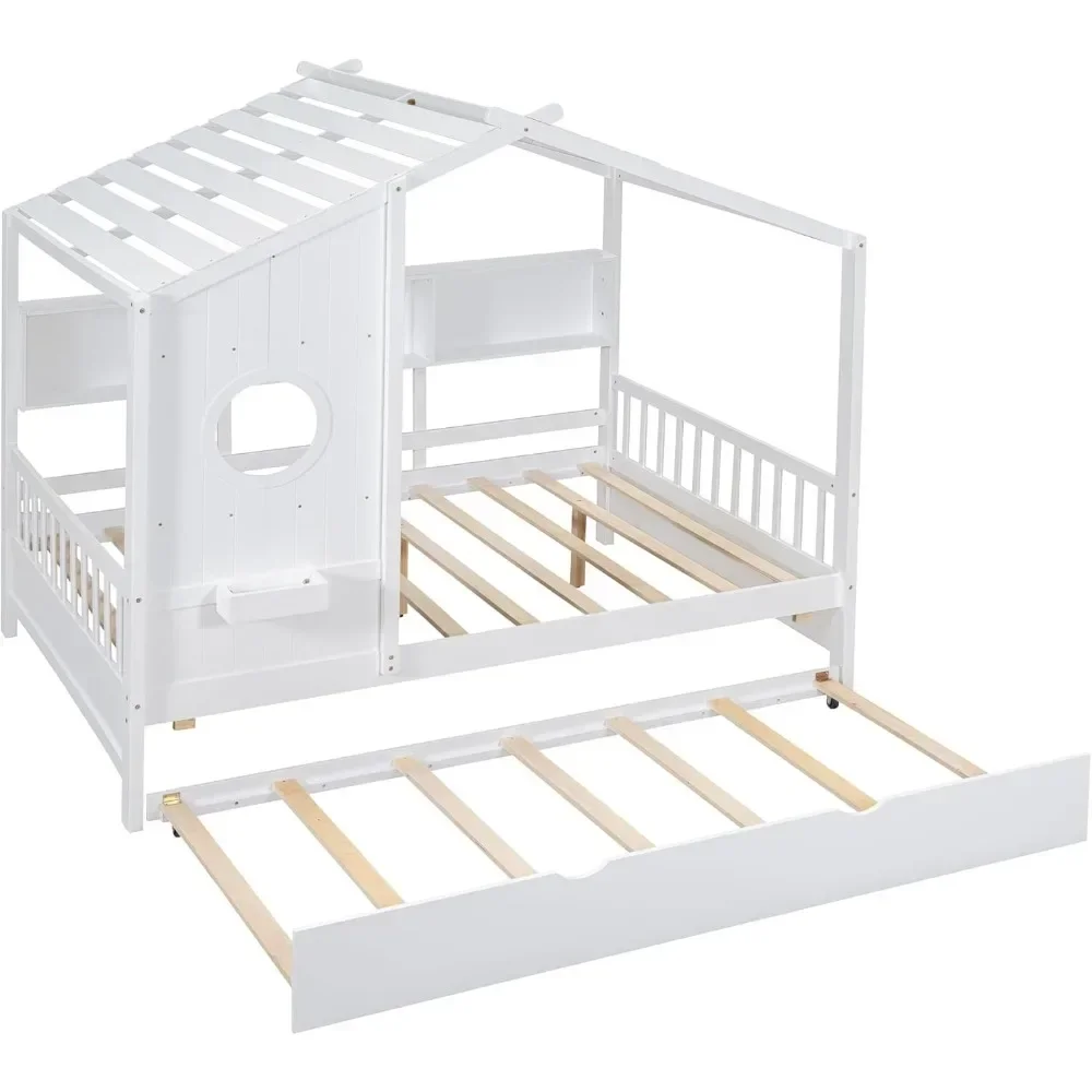 House Platform Bed for Kids Trundle Storage Shelf Wooden Low Bedframe Roof Window Guard Rails White