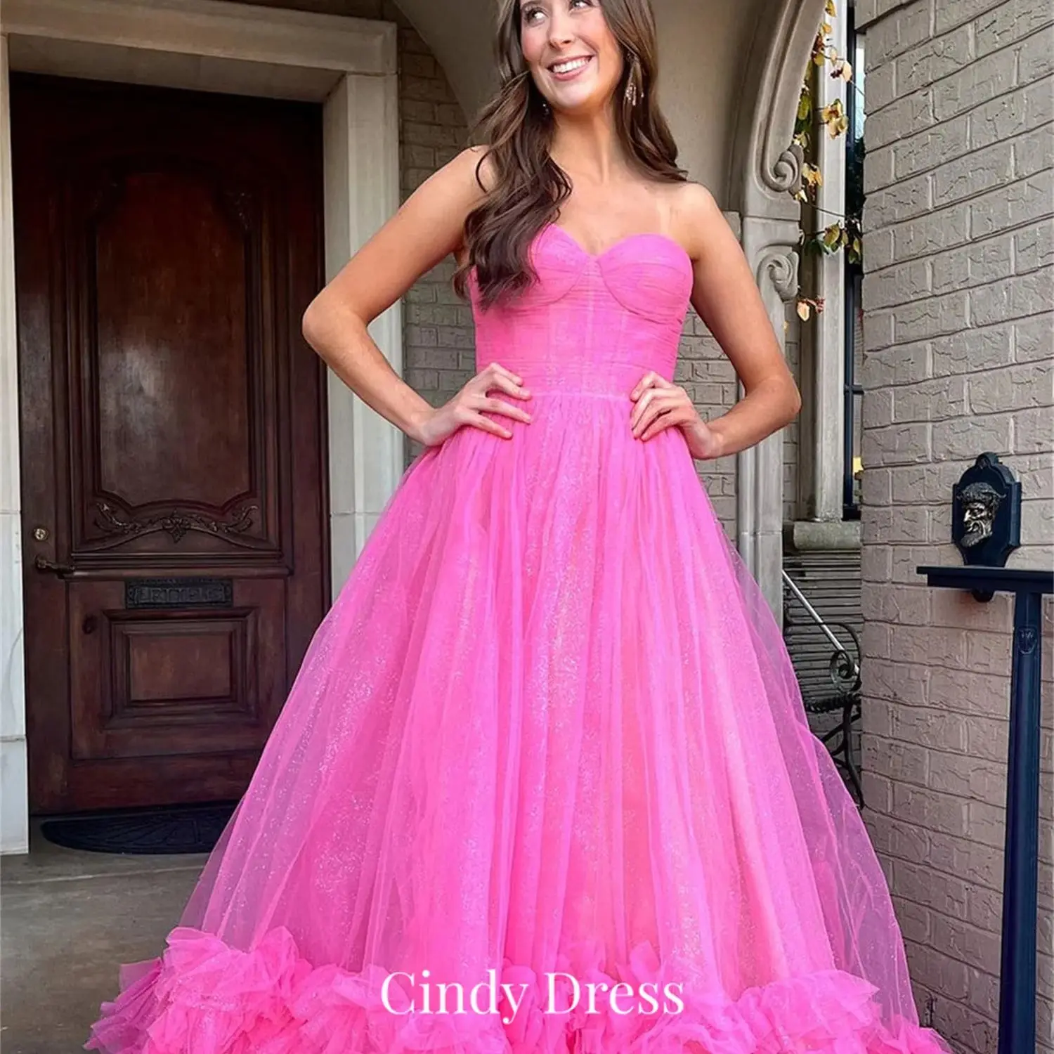 

Cindy Off-the-shoulder Hot Pink Princess A-line Layered Multi-layer Tulle Chic and Elegant Evening Dress Dresses Women Women's