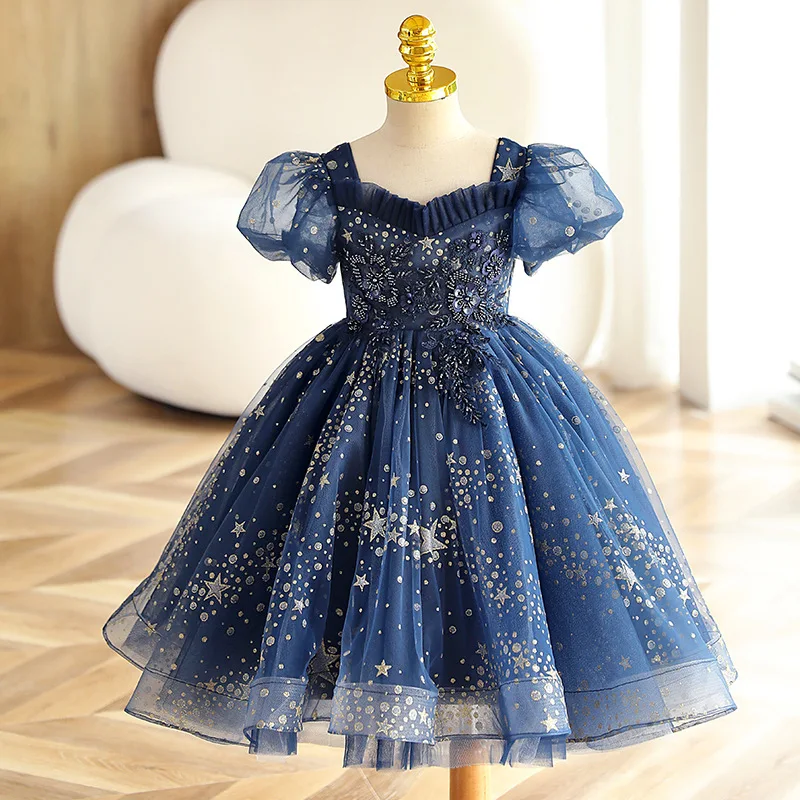 Vestido Infantil Longo Azul Bebê Strass Luxo Manga Princesa