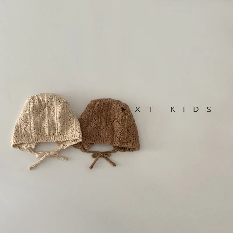 Fashion Retro Hollow Children Knitted Hats Handmade Crochet Flower Girls Parent-child Outdoor Cotton Hat 2024 Autumn Winter Caps 4