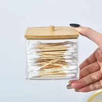 1Pcs Cotton Swab Holder, Cotton Swab Dispenser with Bamboo Lids,Bamboo Bathroom Storage Jars Storage Containers Clear Plastic 1