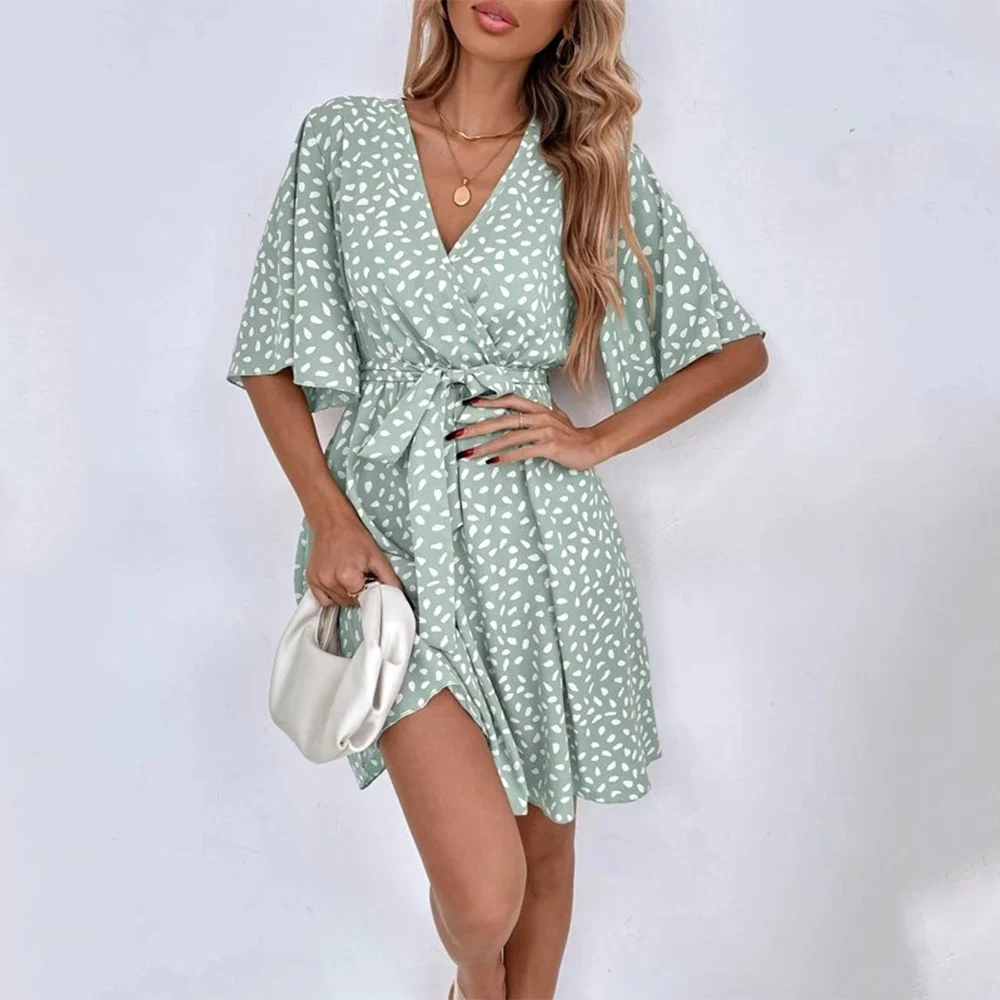 

Элегантное мини-платье с V-образным вырезом, повседневные платья с принтом и коротким рукавом на шнуровке для женщин, пляжная одежда 2023, летняя одежда, Черная