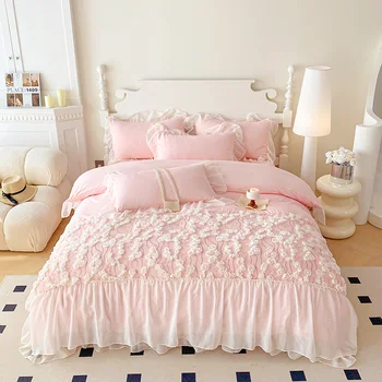 Set biancheria da letto rosa con pizzo per ragazze Set copripiumino stile principessa Set lenzuola fiore in pizzo Set biancheria da letto singola/Queen/King