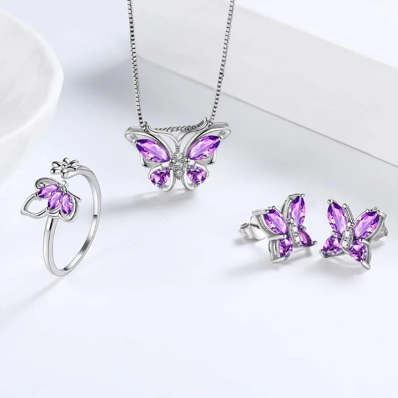 Butterfly Jewelry Set for Women Butterflies Amethyst Birthstone Pendant Necklace/Earrings/Rings for Wedding Valentine's Day Gift bridal jewelry sets,earring ring sets