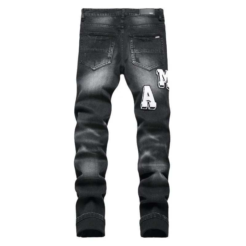 Men's Retro Black Jeans Ripped Holes Trendy Stretch Slim Fit Fashionable Pants Versatile men's pants ripped jeans ripped patchwork jeans