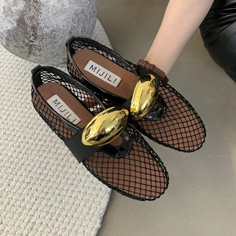 

ZOOKERLIN Fashion Mesh Woman Shoes Ballet Falts Round Toe Buckle Strap Women's Pumps Summer Solid Color Breathable Hollow Slides