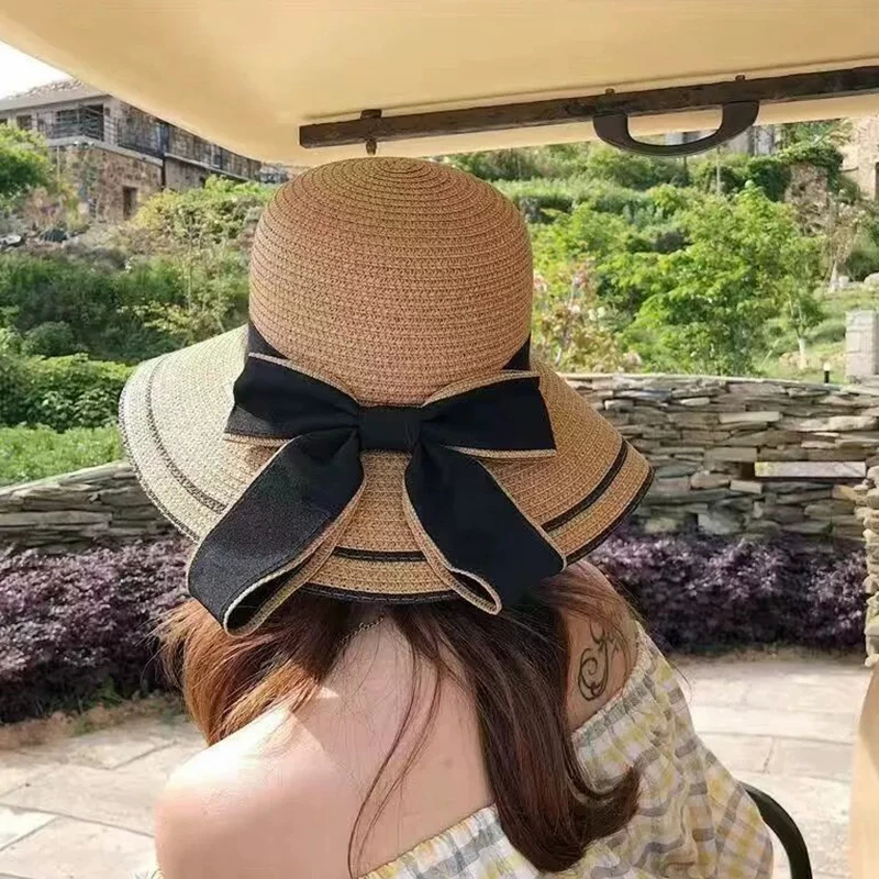 Summer Beach Bow Straw Hat For Women Large Brim Sun Protection Hat Fashion Vacation Sunshade Visors