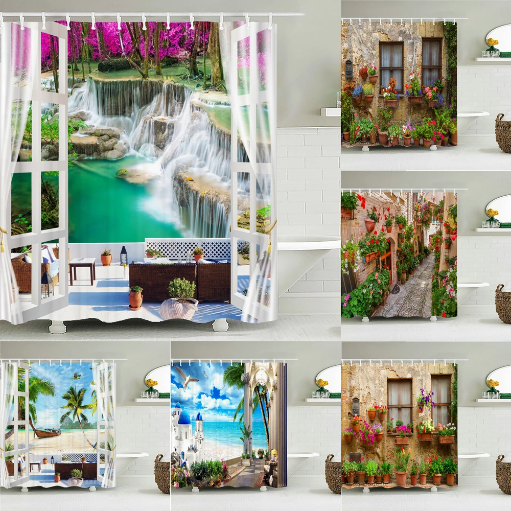 

3D European rural town street landscape printing bathroom waterproof shower curtain polyester screen home decoration curtains