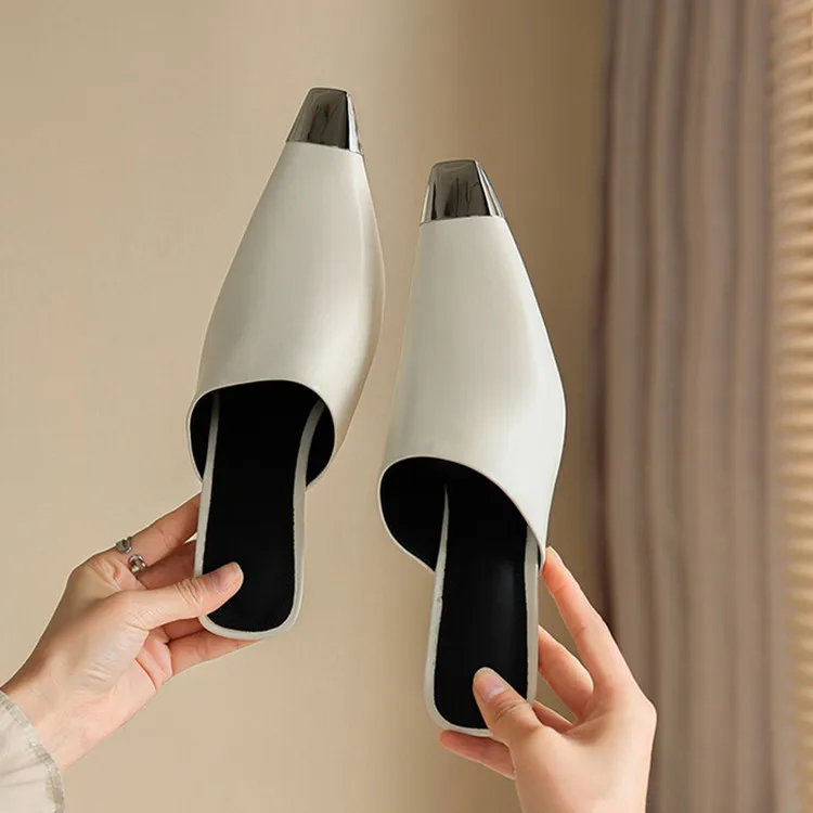 

White Leather 2022Spring Women Mules Shoes Iron Matal Decors Square Toe High Heels Prom Party Pumps Apricot Summer Slides Zapato
