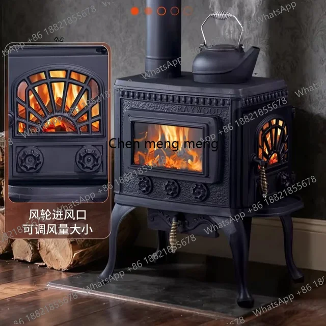 เตาผิงเหล็กหล่อแบบประหยัด ใช้ฟืนจริงสำหรับครัวเรือน เตาเผาไม้สำหรับให้ความร้อนในห้องนั่งเล่น 1