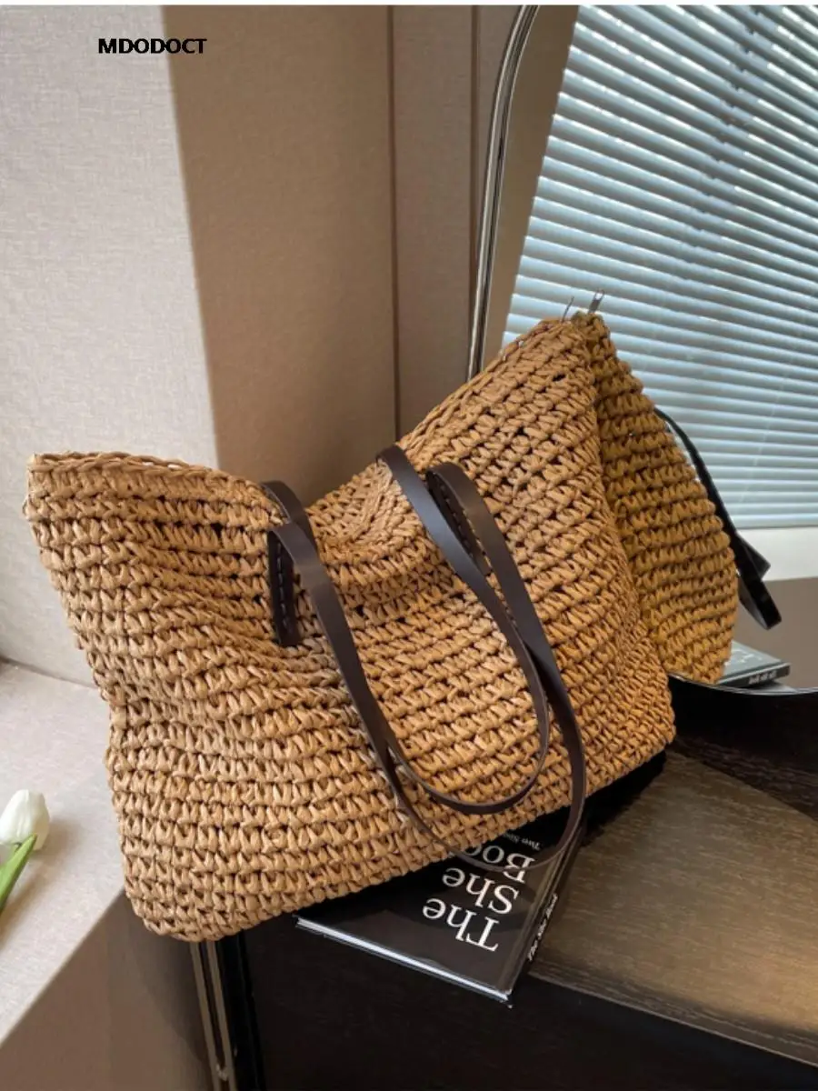 Summer Seaside Raffia Tote Bag Women Beach Vacation Bag EC