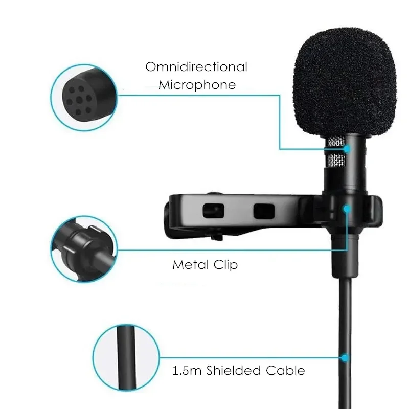 휴대용 1.5m Lavalier 미니 마이크 콘덴서 클립 온 옷깃 마이크 유선 USB 3.5mm Type-C Microfon For Mac 노트북 PC 용 전화