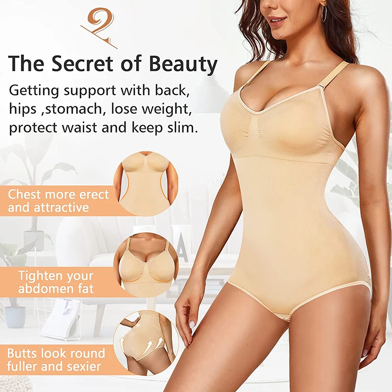 Full Body Shaper One Piece Women V Neck Spaghetti Strap Bodysuit Tummy Control Seamless Shapewear Built-In Bra Jumpsuit Tops