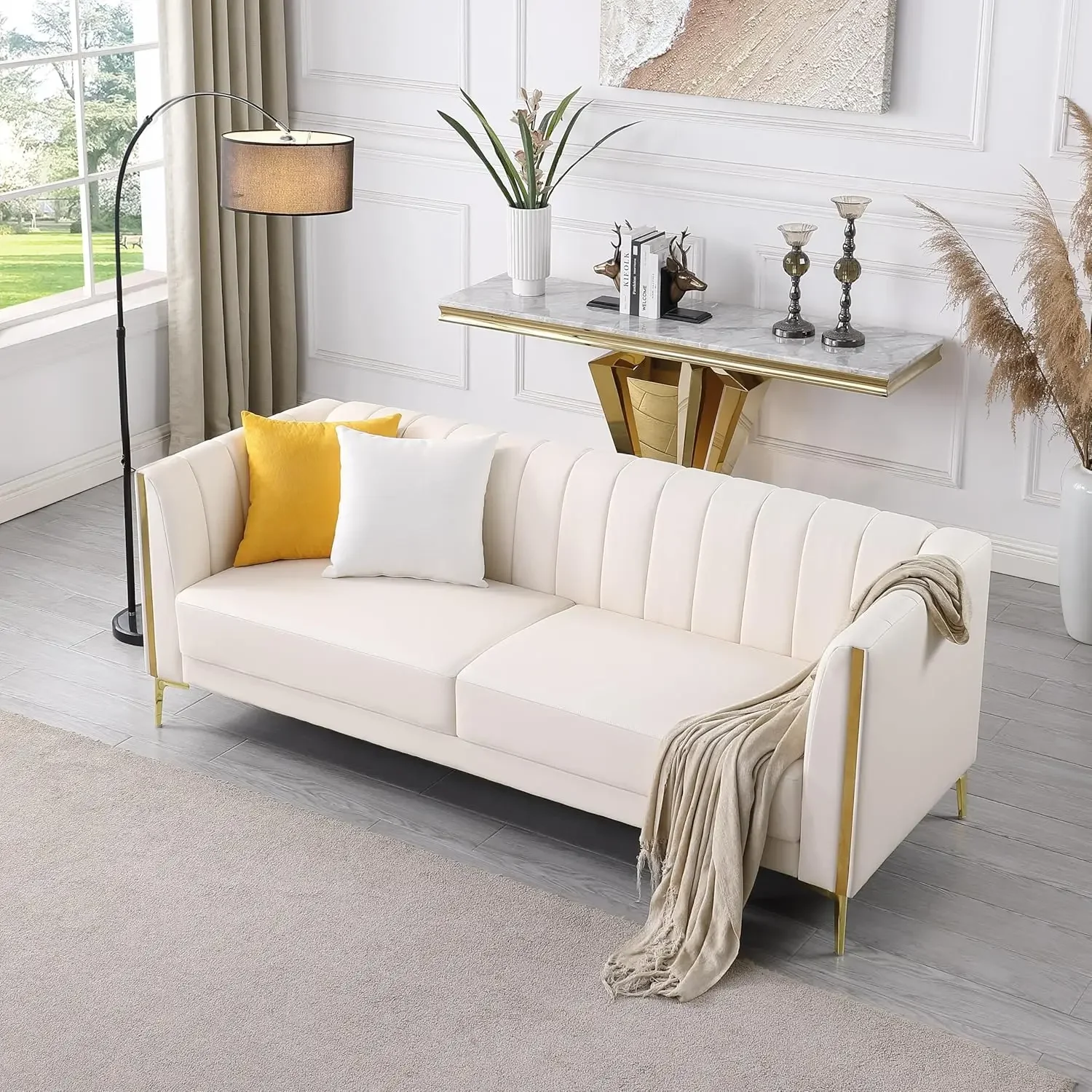 Description Picture 4 of item78'' Sofa, Black Sofas Couches for Living Room, Comfy Sofa Faux Leather Sofa 3 Seater Sofa with 2 Throw Pillows and Gold Metal