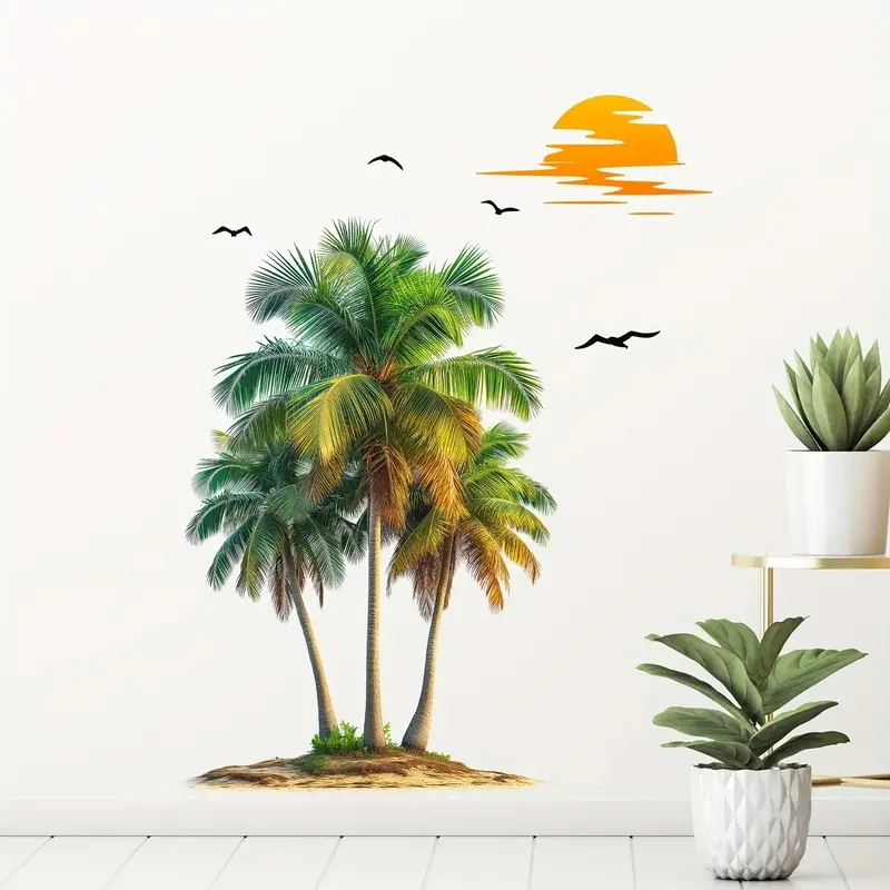 Creative Wall Sticker Tropical Green Plant & Coconut Tree Pattern Self-Adhesive Decal for Bedroom Living Room Home Decal