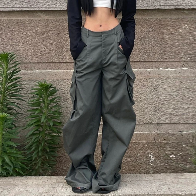 

Women's Cargo Trousers Pocket Low Waist Y2k Pants Fairycore Vintage High Street Loose Baggy Pants Straight Leg Wide Leg Trousers