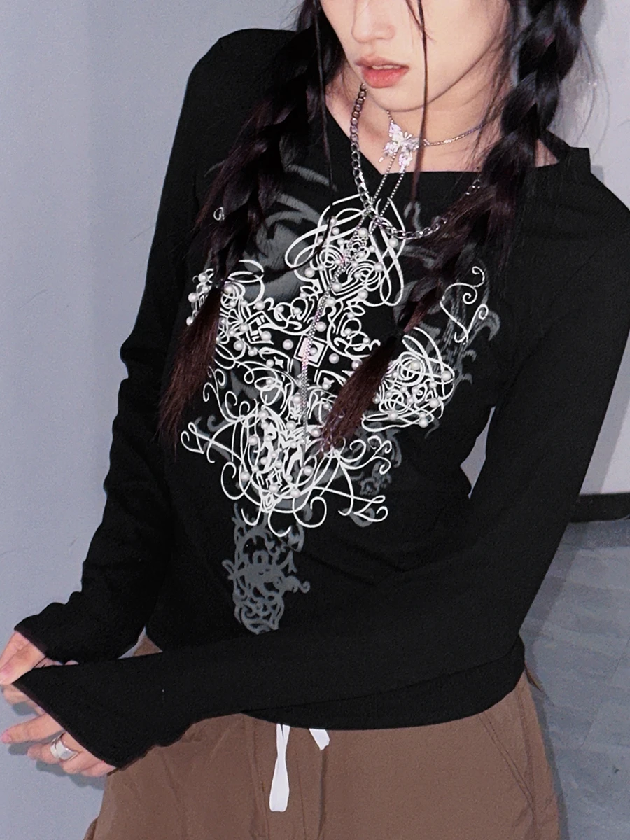 

Women Y2K Fairy Grunge T Shirt Long Sleeve Gothic Harajuku Tee Tops E Girl 90s Vintage Graphic Print Streetwear