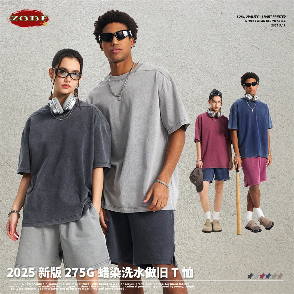 ZODF Vintage 2025 Men Batik Washed 100% Cotton T-Shirts Unisex Oversized Summer Distressed 275gsm T Shirt Brand Clothes HY1040 1