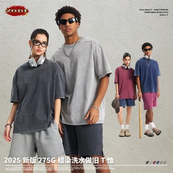 ZODF Vintage 2025 Men Batik Washed 100% Cotton T-Shirts Unisex Oversized Summer Distressed 275gsm T Shirt Brand Clothes HY1040 1